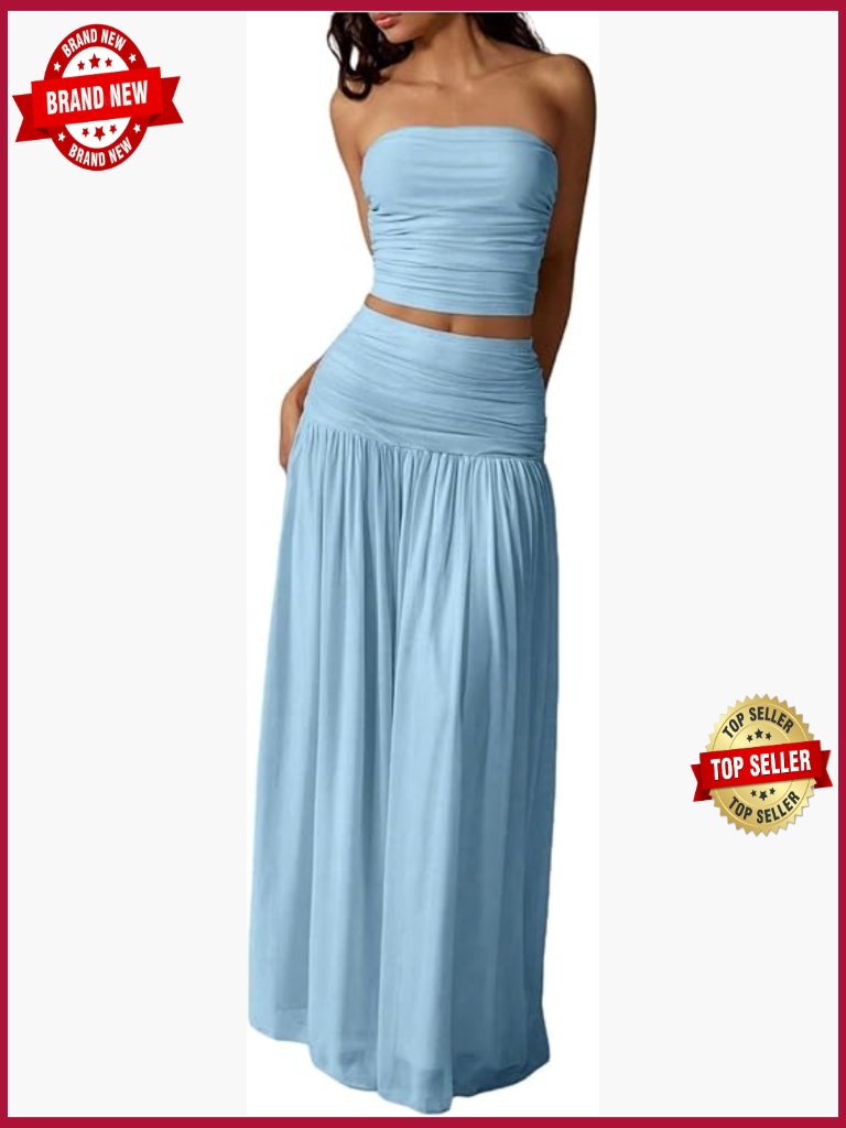 2 Piece Skirt Set - Strapless Bandeau Crop Top & Maxi Skirt - Ruched, Elastic